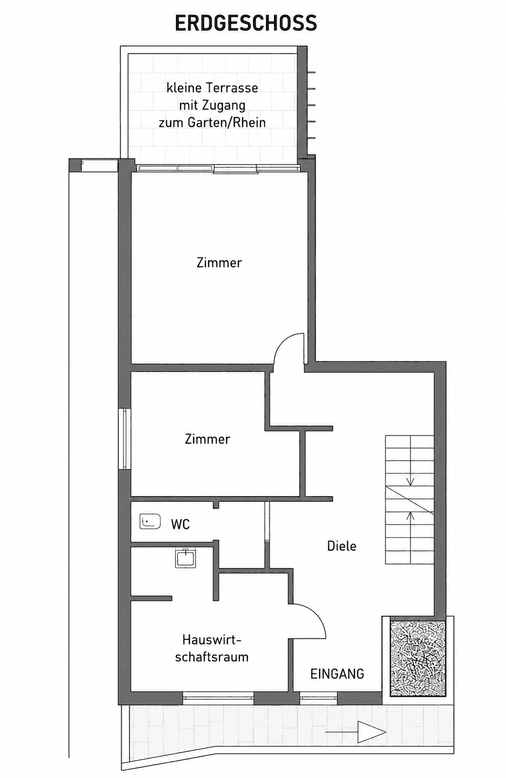 Grundriss Erdgeschoss mit Terrasse, zwei Zimmern, Diele und Hauswirtschaftsraum